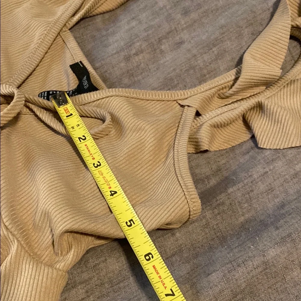 Tan Ribbed Crop Top with Ruffle Sleeves - Picture 11 of 11